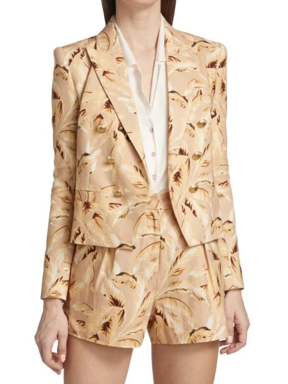 L'AGENCE Brooke Leaf Print Cropped Blazer Size 6 Honey Multi Tonal Palm Feather